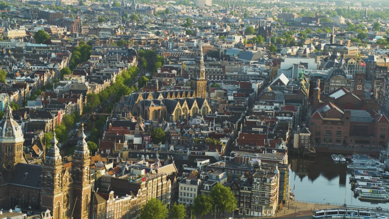 Aerial view of the Oude Church in Amsterdam city center