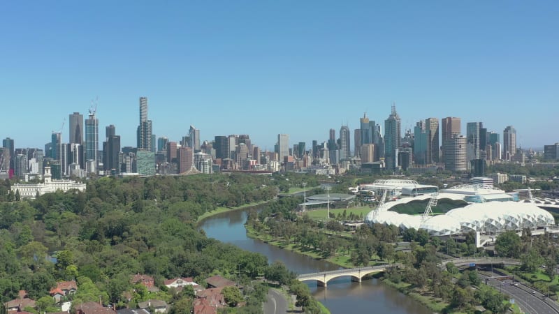 Melbourne City Australia and Yarra River Aerial Reveal