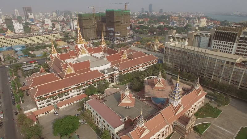 Aerial view of religious temples during the sunset.