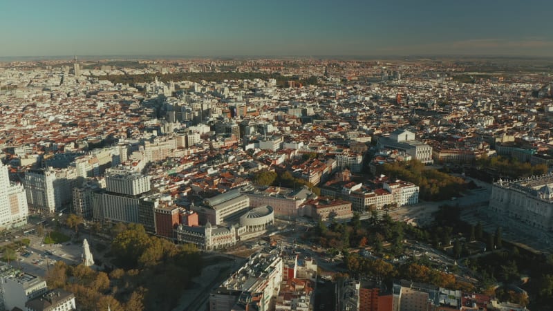 Aerial panoramic footage of central city district with landmarks and various historic buildings.