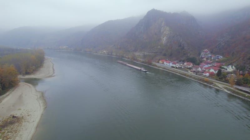 Cargo Pusher Boat on a Foggy Morning on the River Danube