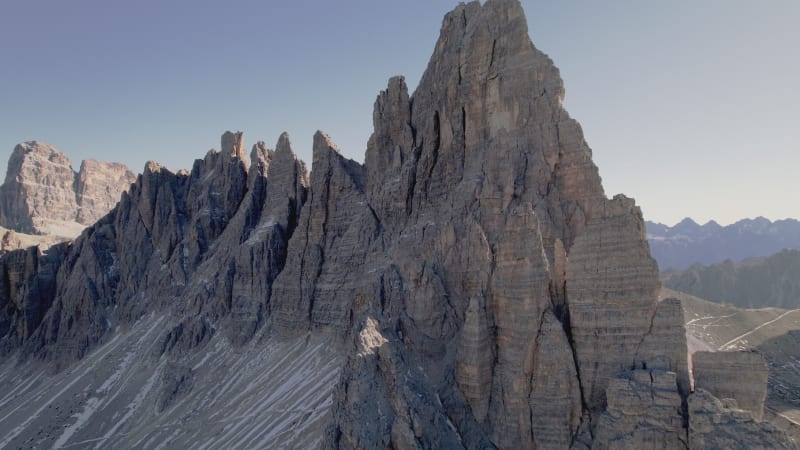 Aerial View of Famous three Peaks of Lavaredo, Dolomites, Italy.