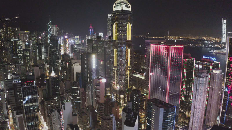 Aerial view of Hong Kong financial district at night.