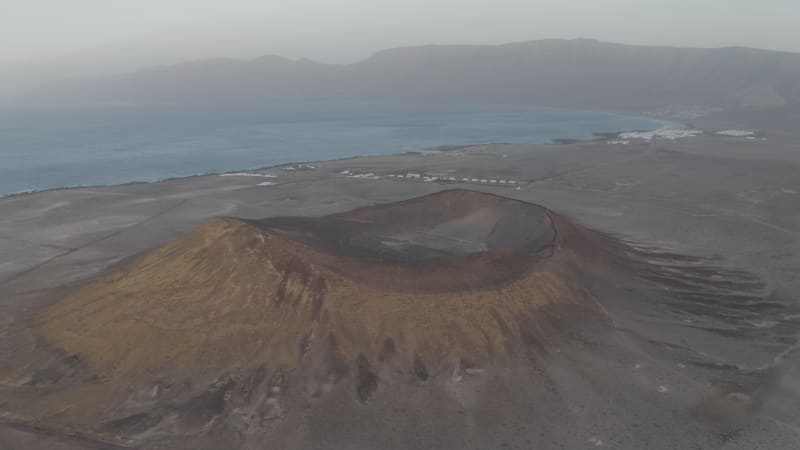 Aerial view of volcanic formation on Lanzarote island, Canary Islands, Spain.