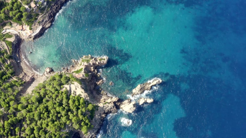 Over Beautiful Coast Line of Tropical Island Mallorca, Spain with ocean and Blue water in Summer,Daylight Vacation, Travel, Sunny, Waves