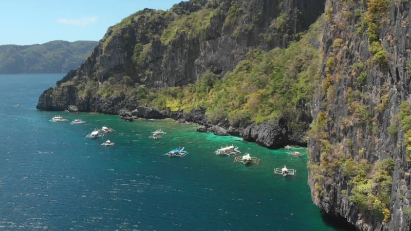 Aerial view of outrigger boats in beautiful lagoon, El Nido