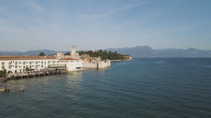 Aerial view of Castello Scaligero along Sirmione coast, Lombardy, italy.