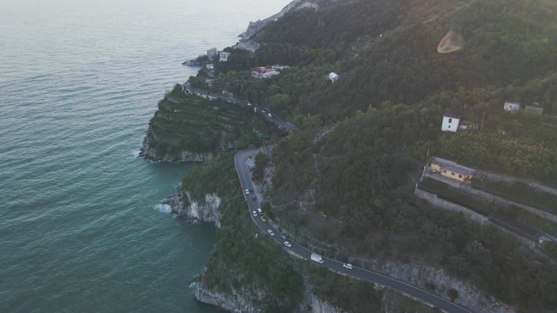 Aerial view of a scenic road in Cetara, Amalfi Coast, Campania, Italy.