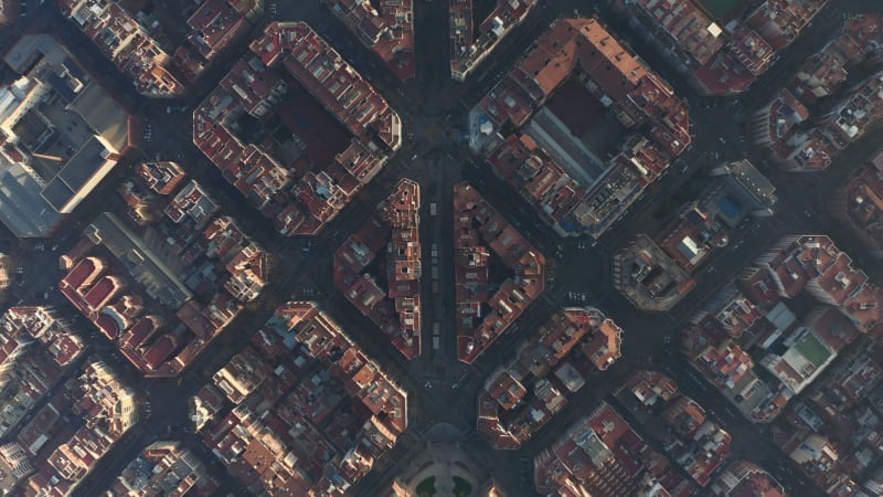 Barcelona Overhead Drone Shot of Typical City Blocks in Beautiful Sunlight with Urban Traffic