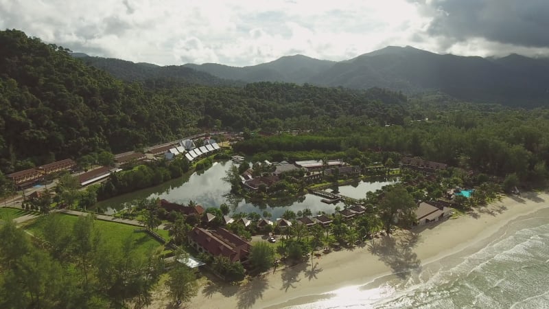 Aerial view of a resort near a tropical beach, Ko Chang.