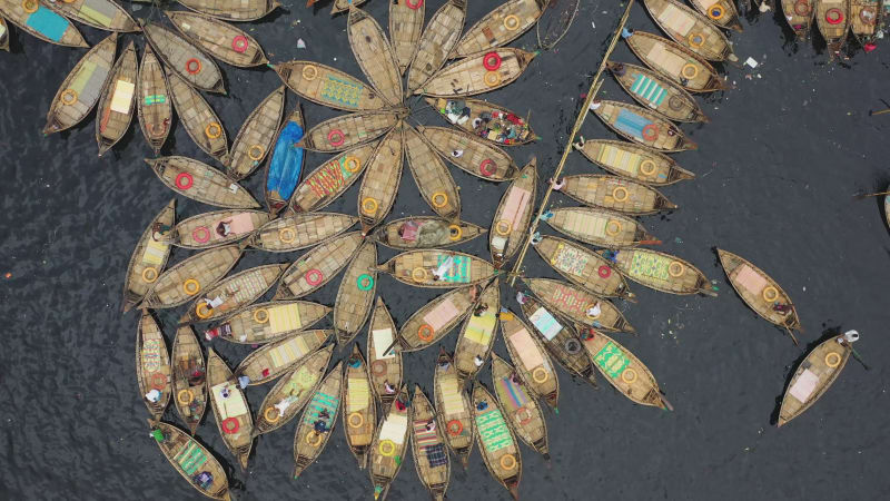 Aerial view of Wooden fishing boats along the Buriganga, Dhaka, Bangladesh.