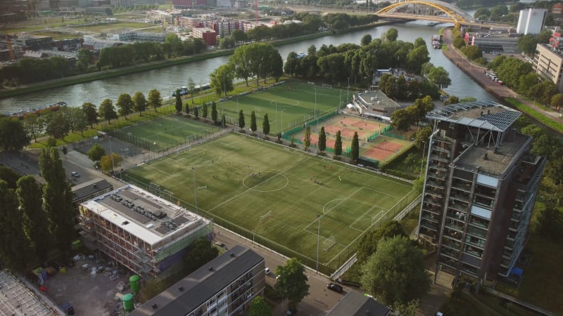 Players on the fields of the PVC Voetbal (Football) club in Utrecht, the Netherlands.