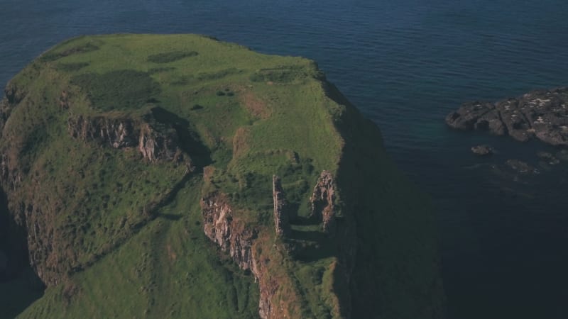 Dunseverick Castle ruins, Antrim Coast, Northern Ireland. Aerial drone view