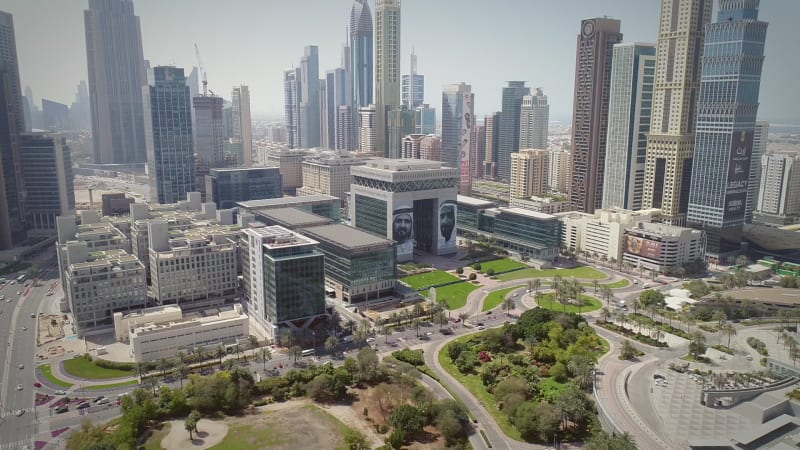 Aerial view of Dubai cityscape, Emirate Towers and skyscrapers.