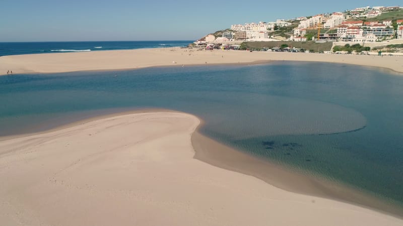 Aerial view of Praia da Foz do Arelho with white sand on the beach