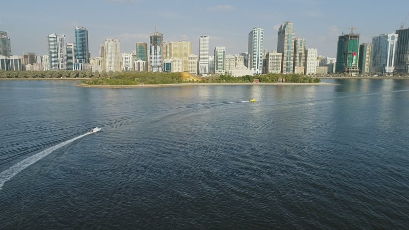 Aerial view of speed boats preparing for a race in Khalid lake.