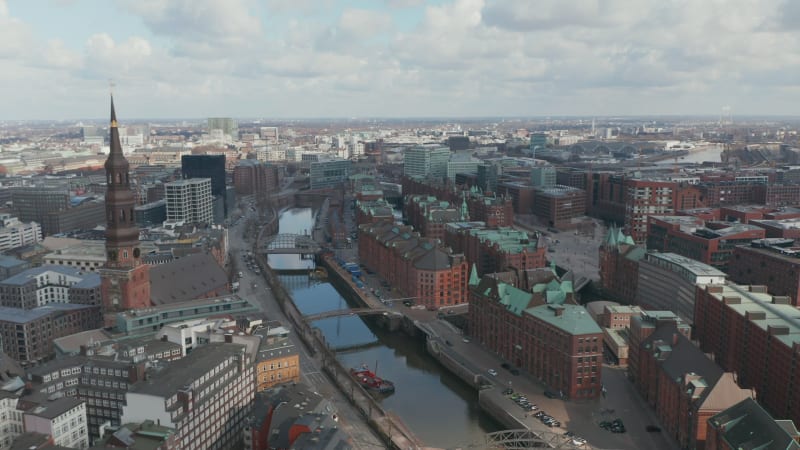 Aerial view of residential houses by the canals of Elbe river in Hamburg city center