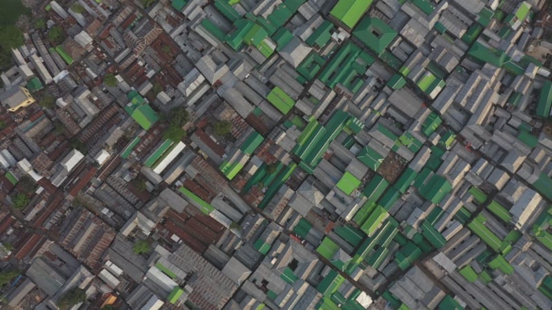 Aerial view of a large slum area along Banani lake, Dhaka, Bangladesh.