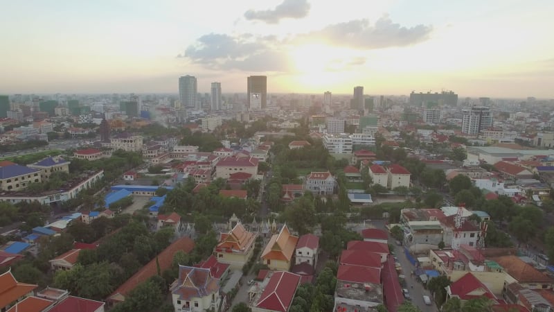 Aerial view of religious temples during the sunset.