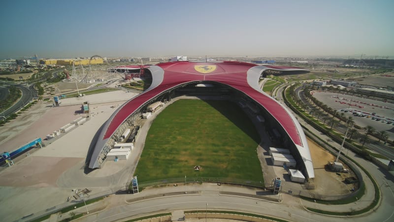 Aerial view of Yas Marina race circuit in Abu Dhabi, United Arab Emirates.