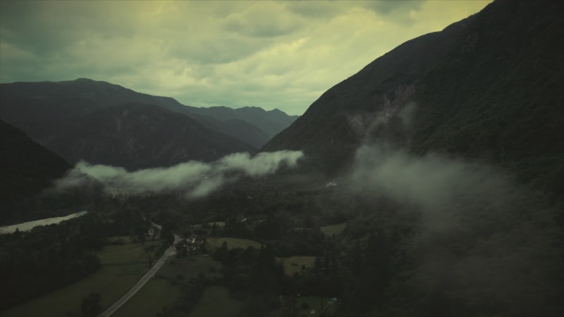 Aerial view of valley with misty clouds in full nature, Slovenia.