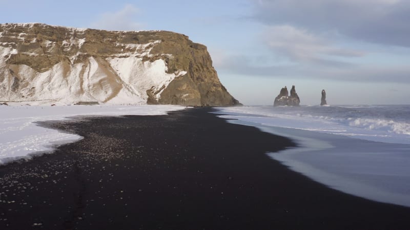 Reynisdrangar Columns and the Black Sand Beach in Iceland