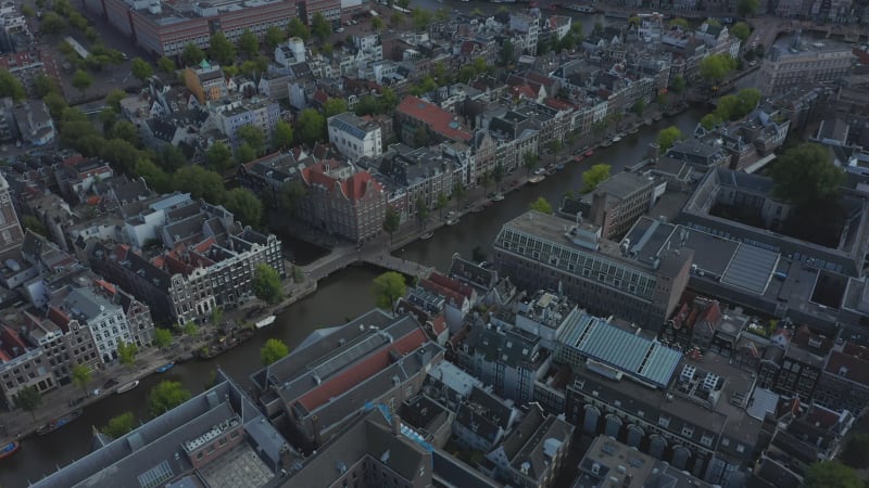 Aerial View of Amsterdam Canal Bridge crossing, Drone