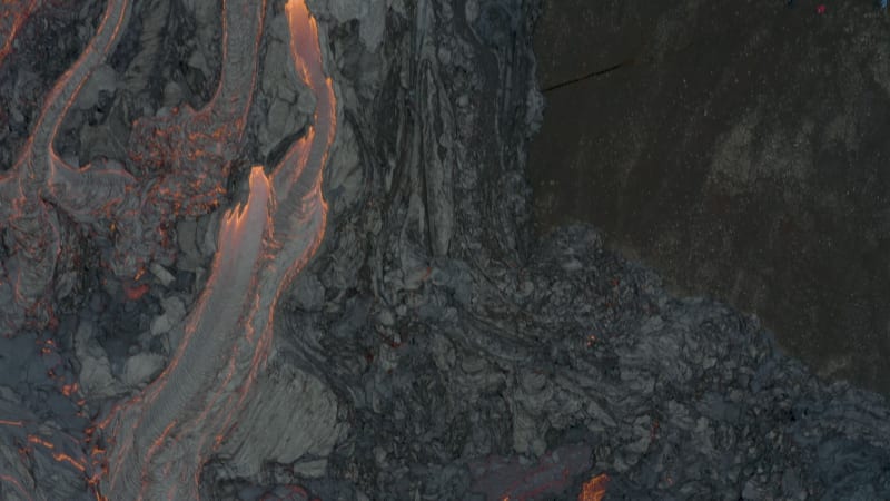 Top down view of lava flow and erupting Fagradalsfjall volcano in Iceland