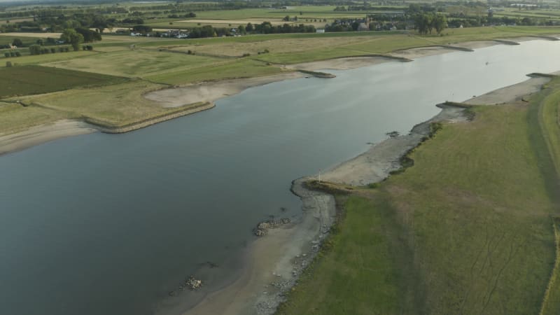 Aerial View of Low Water Levels in River Lek, Wijk Bij Duurstede, Netherlands