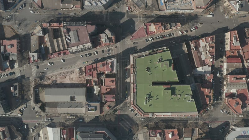 Barcelona Overhead Drone Shot of Typical City Blocks in Beautiful Sunlight with Urban Traffic