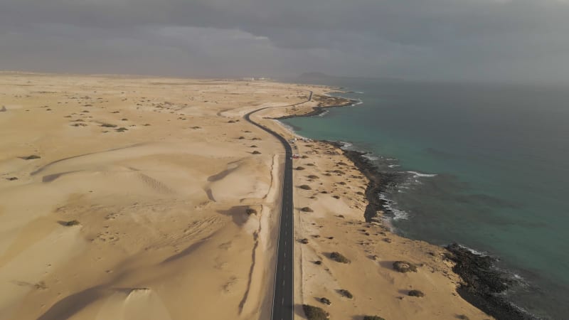 Aerial view of a road along the coast, Fuerteventura, Canary Islands, Spain.