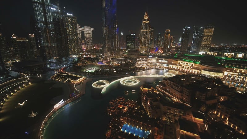 Aerial view of Dubai fountains playing with water, United Arab Emirates.