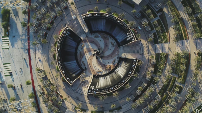 Aerial view of Water Fountain at Jubilee Park, Dubai, UAE.