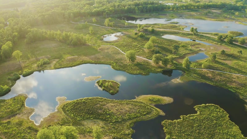 Aerial view of stunning lakes surrounded by forest