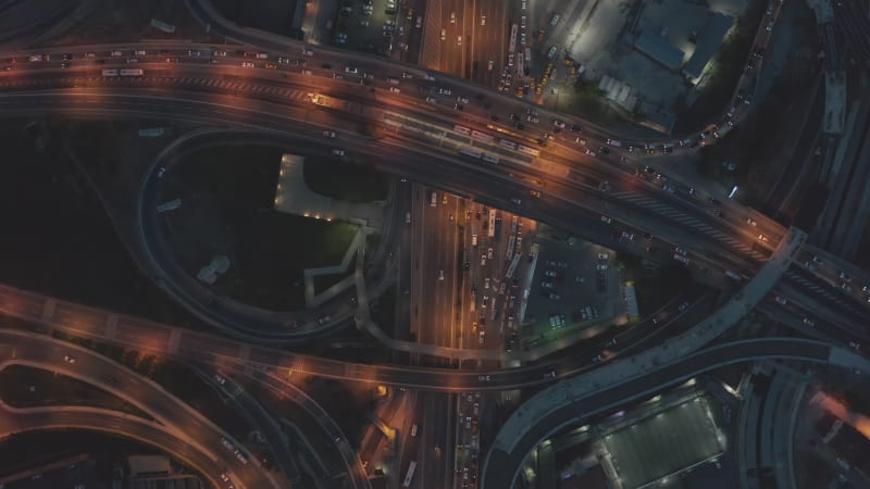 Aerial Establishing Shot of Huge Freeway Intersection at Dusk in Istanbul, Birds Eye View Overhead Drone Shot