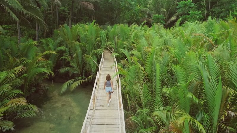 Aerial view of woman walking on long wooden bridge in Bojo river.