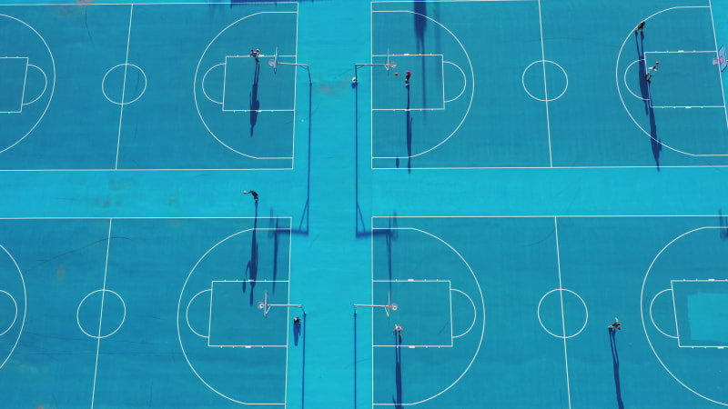 Aerial view of basketball players