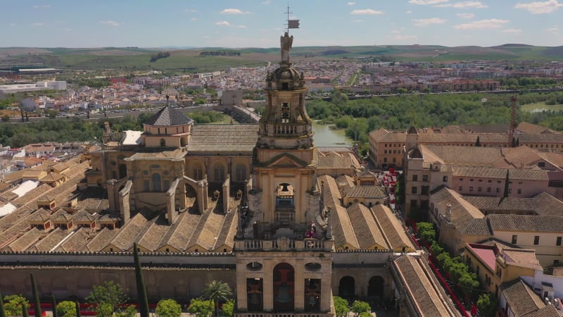 Aerial view of tourist visiting Cordoba bell tower during the day.