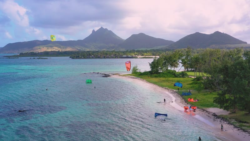 Aerial view of kitesurfing, Le Morne, Mauritius.