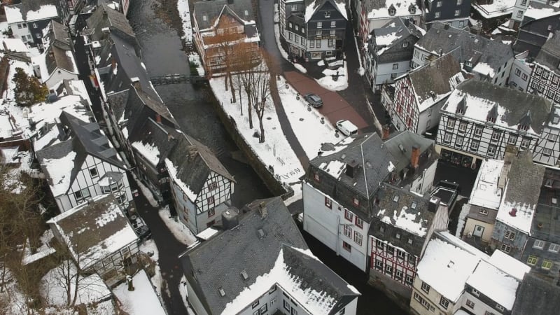 Aerial view of Monshau in wintertime, Germany.