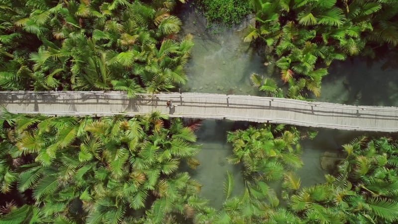 Aerial view of woman walking on long wooden bridge in Bojo river.