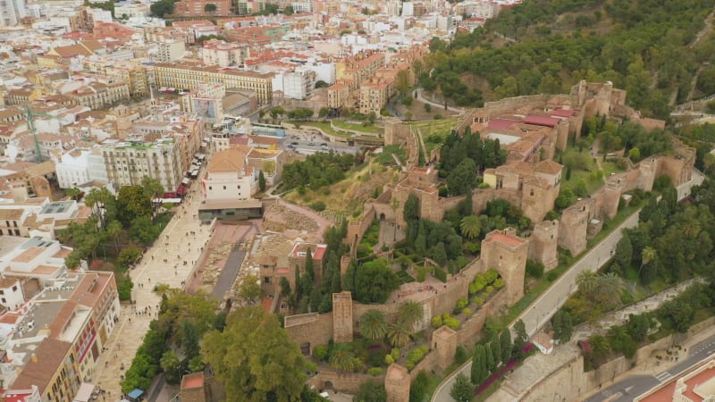 Aerial view of Alcazaba, medieval fortress ruins at Malaga.