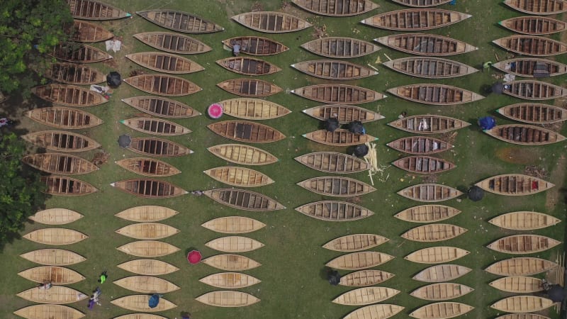 Aerial view of a fishing boat market, Bangladesh.