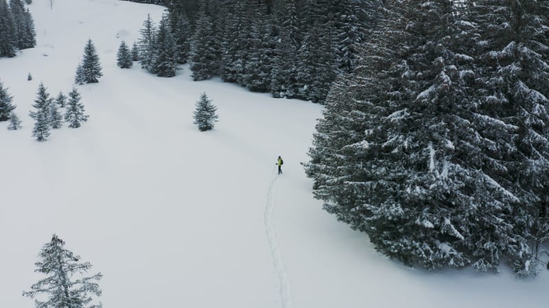 Aerial view of a woman doing cross country skiing, Onnion, France.