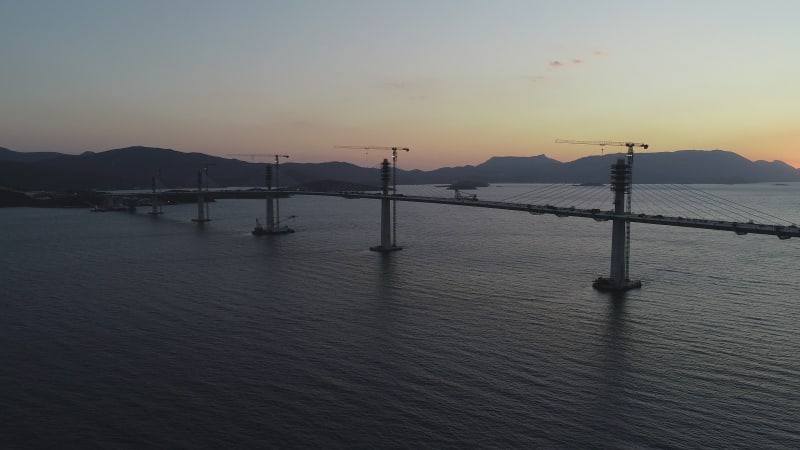 Aerial view of Peljeski bridge, Ston in Croatia.