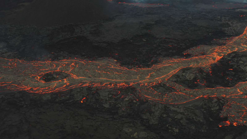 Aerial view of Fagradallsfjall volcano during an eruption, Iceland.