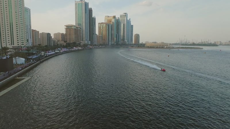 Aerial view of speed boats during the race in Khalid lake.