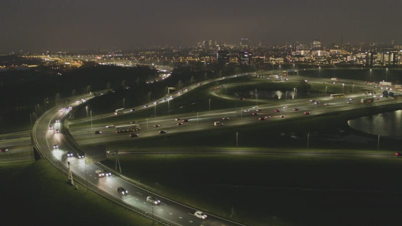 Aerial View of a2 and a12 Highways Intersecting at Night in Utrecht