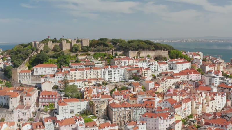 Aerial view of historic city center with squares. Panoramic view from drone. Lisbon, capital of Portugal.