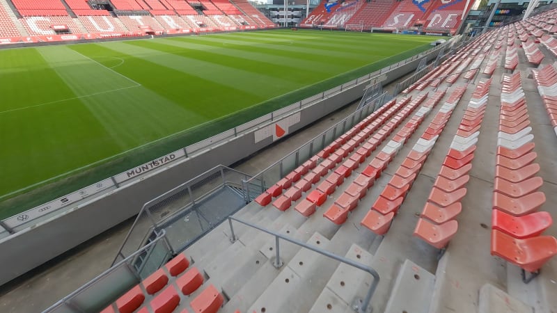 Aerial fpv shot at the football in the Galgenwaard stadium, where FC Utrecht plays.